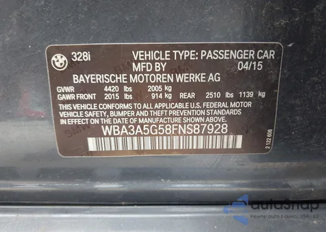 2015 BMW 328I from USA, damaged, VIN WBA3A5G58FNS87928